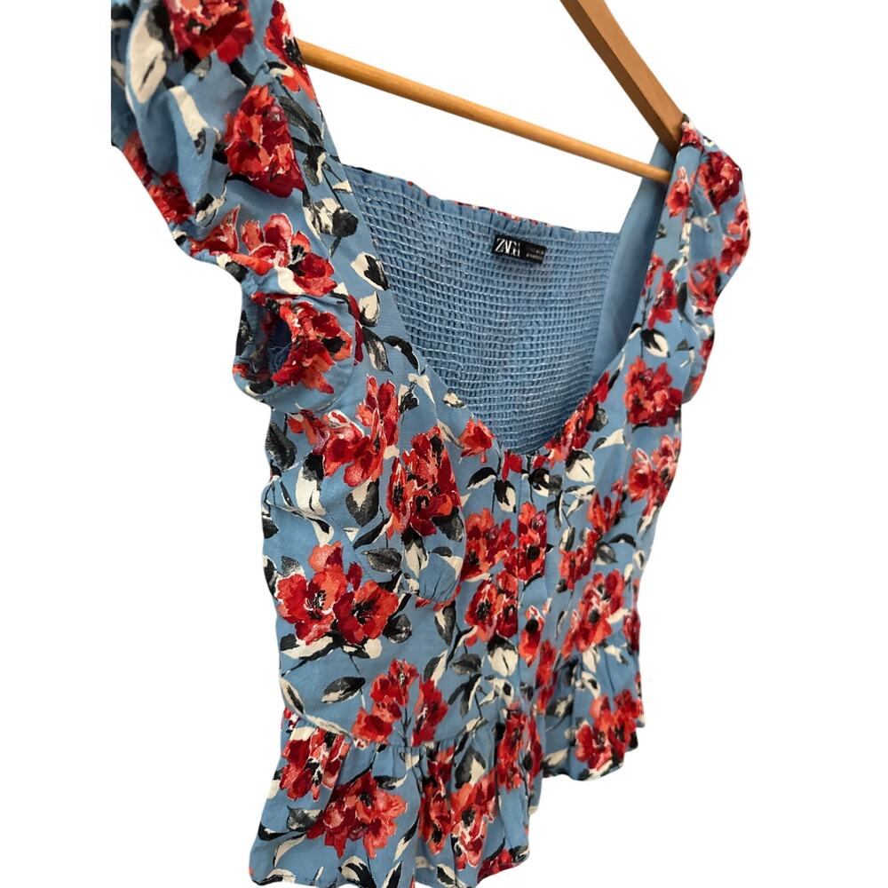 Zara Smocked Back Floral Cropped Top Red‎ & Blue Size Small - Picture 5 of 11